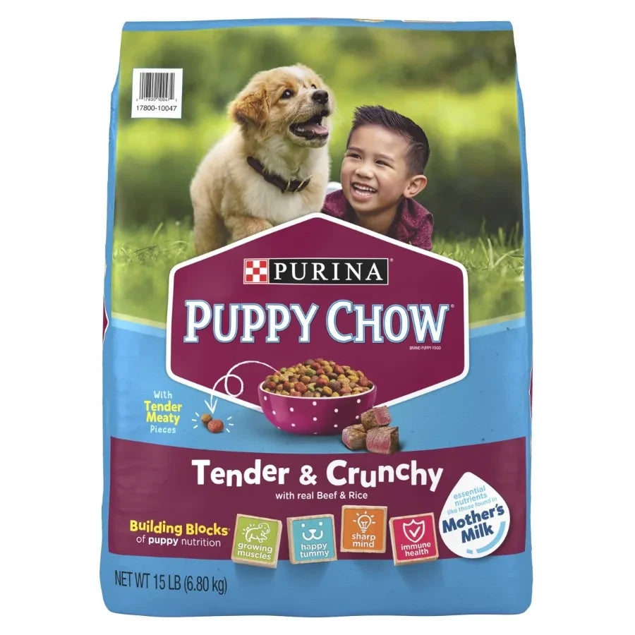 Purina Puppy Chow Dry Dog Food, High Protein Tender and Crunchy Real Beef Formula, 15 lb Bag