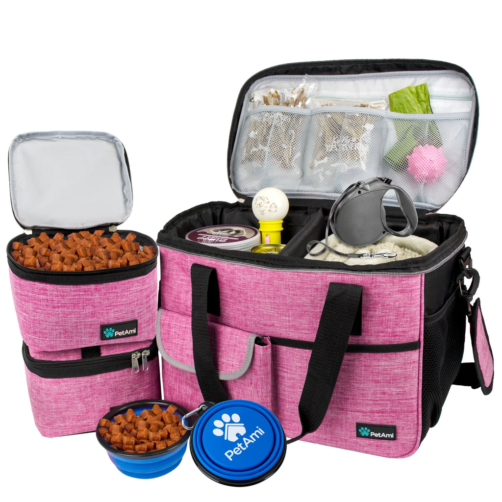 Dog Travel Bag, Travel Pet Bag Organizer, Dog Food Travel Bag with Food Container and Bowls, Dog Travel Supplies Gift Accessories for Weekend Camping, Dog Cat Diaper Bag (Pink, Medium)