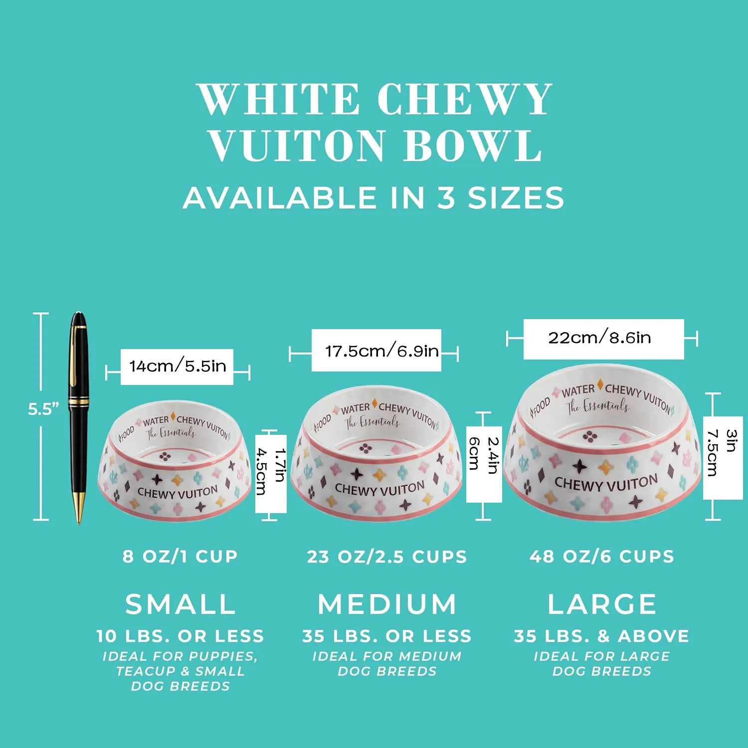 Designer Dog Bowls and Placemat, Dog Food Water Bowls, Food Grade BPA Free, Non-Skid Bottom Dishwasher Safe, Dog Food Mat Included, White 23Oz J01
