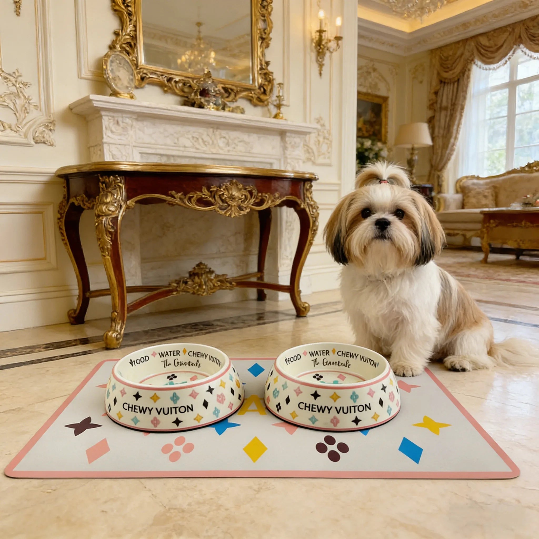 Designer Dog Bowls and Placemat, Dog Food Water Bowls, Food Grade BPA Free, Non-Skid Bottom Dishwasher Safe, Dog Food Mat Included, White 23Oz J01