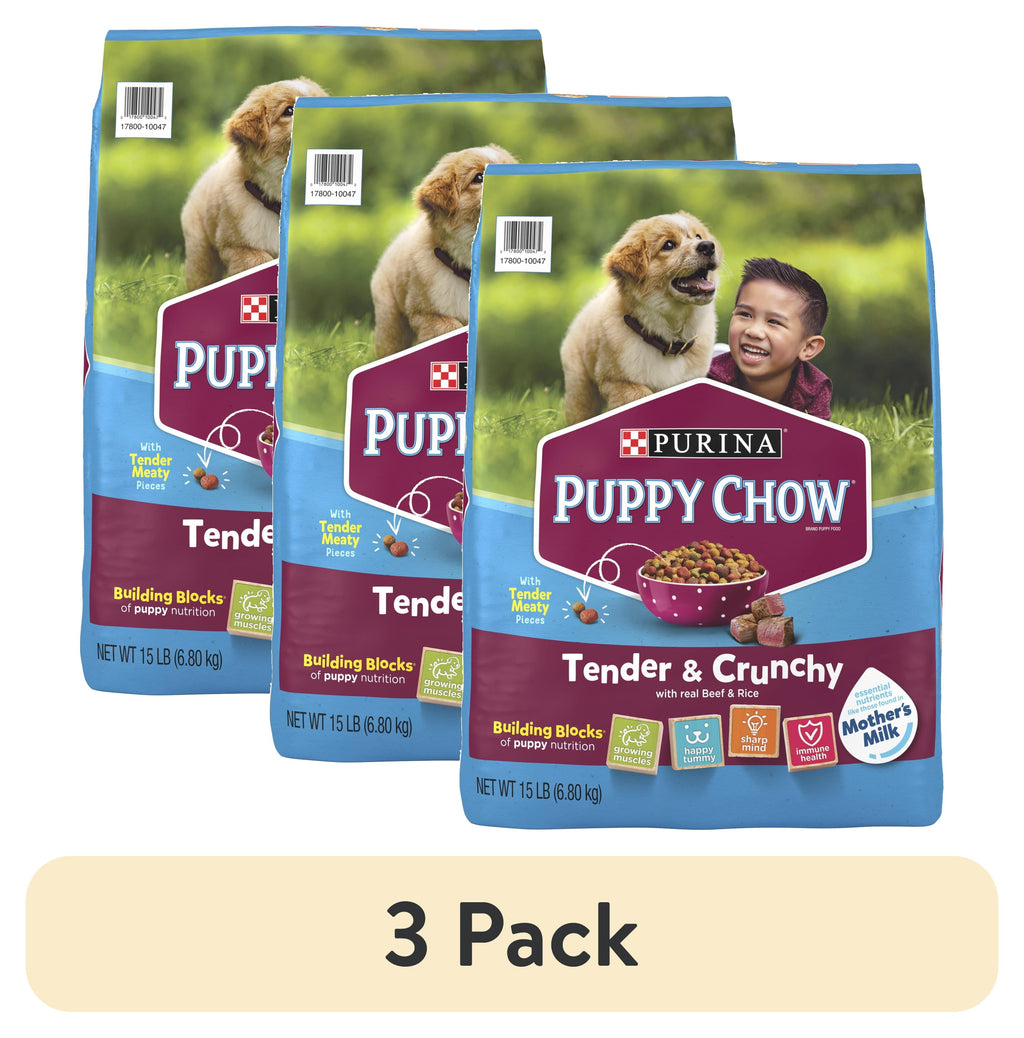 (3 Pack)  Puppy Chow Dry Dog Food, High Protein Tender & Crunchy Real Beef Formula, 15 Lb Bag