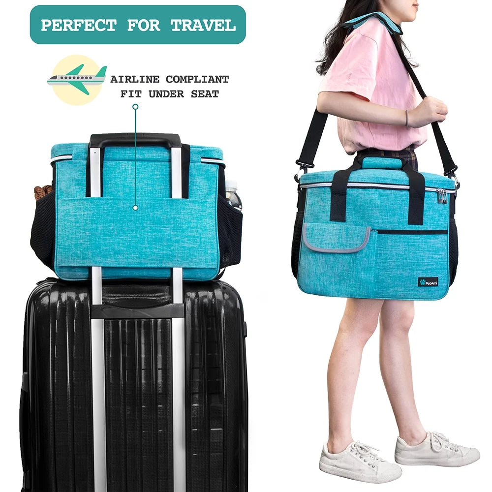 Dog Travel Bag, Travel Pet Bag Organizer, Dog Food Travel Bag with Food Container and Bowls, Dog Travel Supplies Gift Accessories for Weekend Camping, Dog Cat Diaper Bag (Sea Blue, Medium)