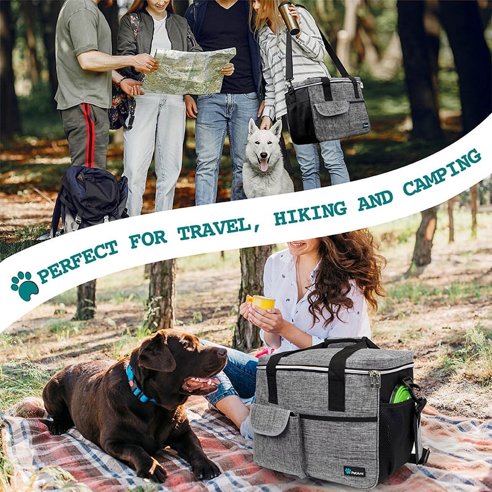 Dog Travel Bag, Travel Pet Bag Organizer, Dog Food Travel Bag with Food Container and Bowls, Dog Travel Supplies Gift Accessories for Weekend Camping, Dog Cat Diaper Bag (Grey, Large)
