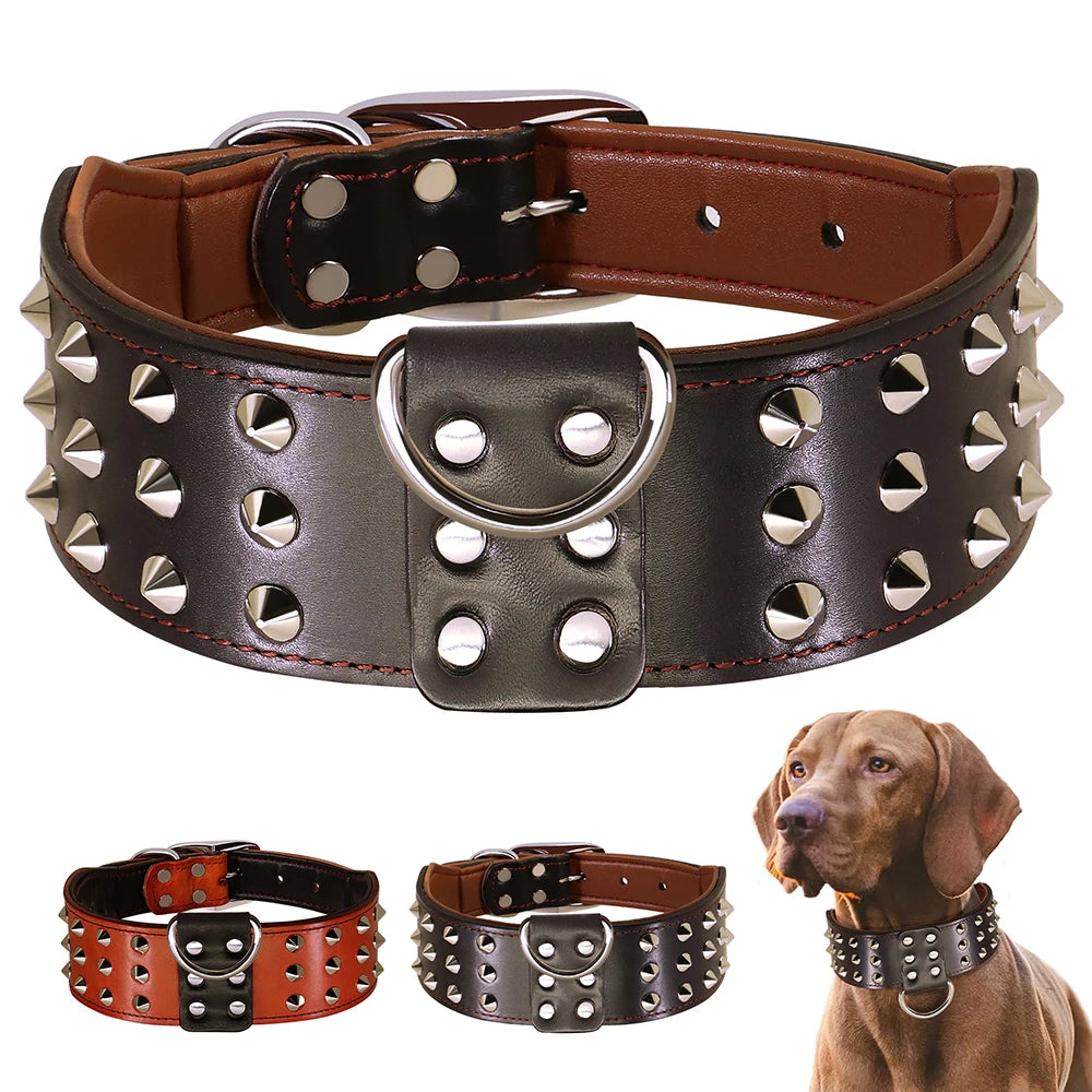 Spiked Studded Big Dog Collar Genuine Leather Wide Collars for Medium Large Dogs Rottweiler Pitbull Anti-Bite Collars Necklaces