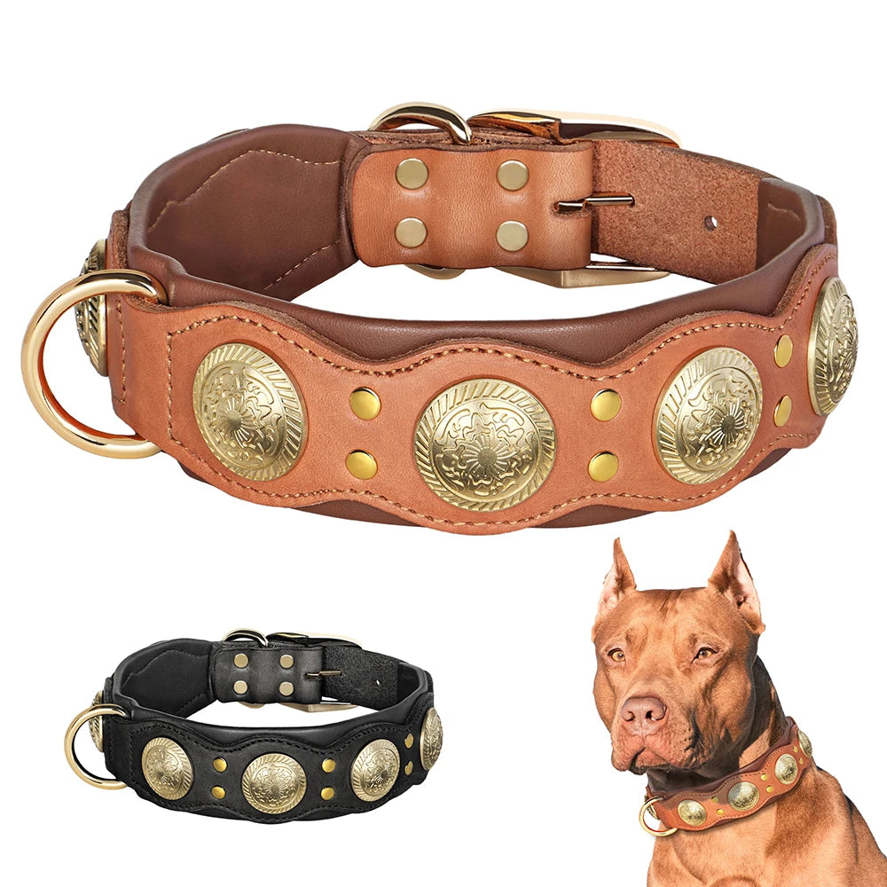 Real Leather Dog Collar Genuine Leather Dog Collars Spiked Studded Big Dog Collar Necklace Adjustable for Medium Large Dogs Pug