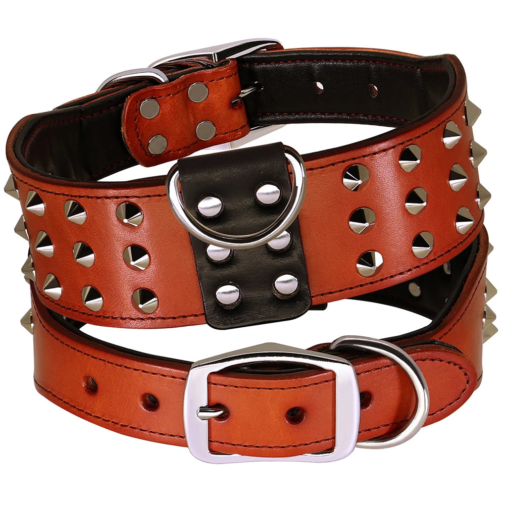 Spiked Studded Big Dog Collar Genuine Leather Wide Collars for Medium Large Dogs Rottweiler Pitbull Anti-Bite Collars Necklaces