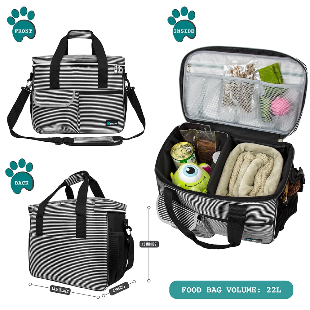Dog Travel Bag, Travel Pet Bag Organizer, Dog Food Travel Bag with Food Container and Bowls, Dog Travel Supplies Gift Accessories for Weekend Camping, Dog Cat Diaper Bag (Stripe Black, Medium)