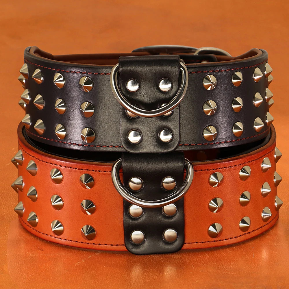 Spiked Studded Big Dog Collar Genuine Leather Wide Collars for Medium Large Dogs Rottweiler Pitbull Anti-Bite Collars Necklaces