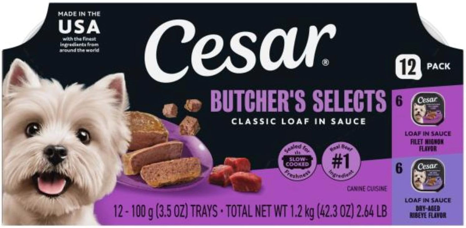 Classic Loaf in Sauce Wet Dog Food Butcher'S Selects Variety Pack, Dry-Aged Ribeye Flavor and Filet Mignon Flavor, 3.5 Oz. Easy Peel Trays, Variety Pack (12 Count, Pack of 1)
