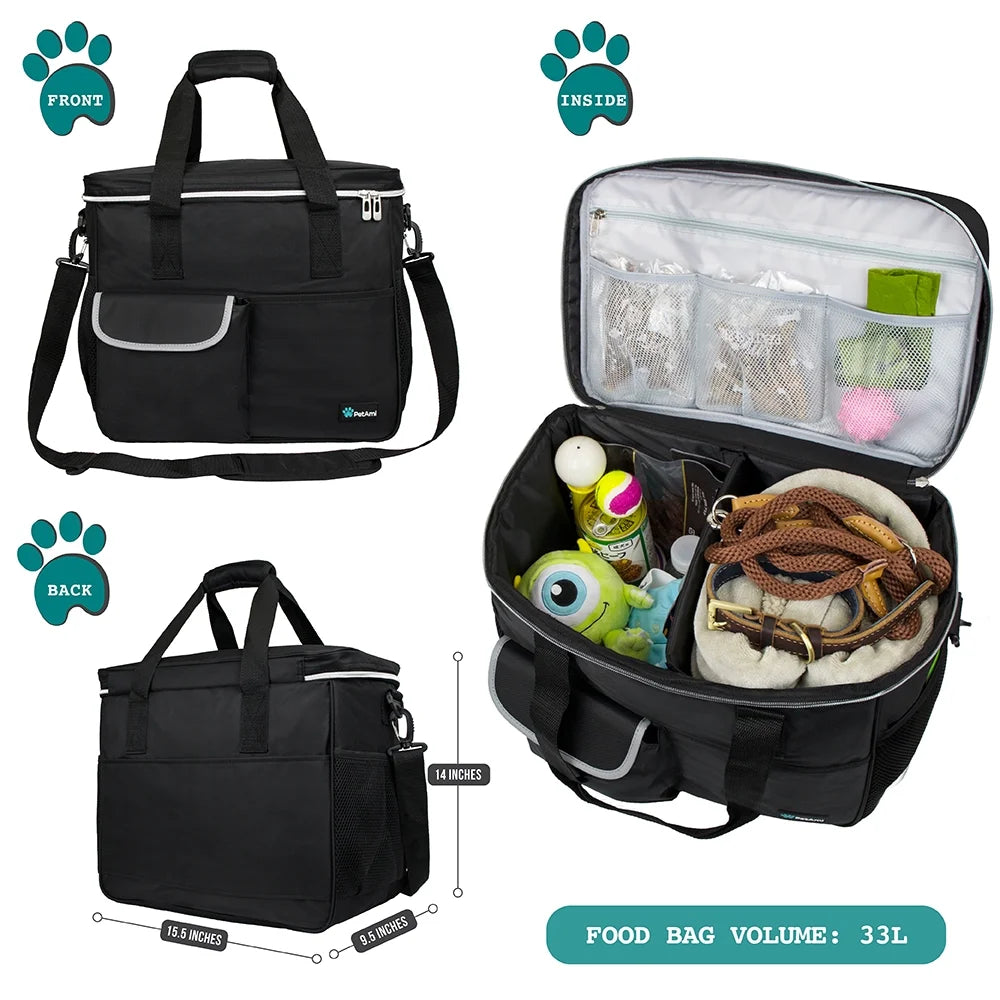 Dog Travel Bag, Travel Pet Bag Organizer, Dog Food Travel Bag with Food Container and Bowls, Dog Travel Supplies Gift Accessories for Weekend Camping, Dog Cat Diaper Bag (Black, Large)