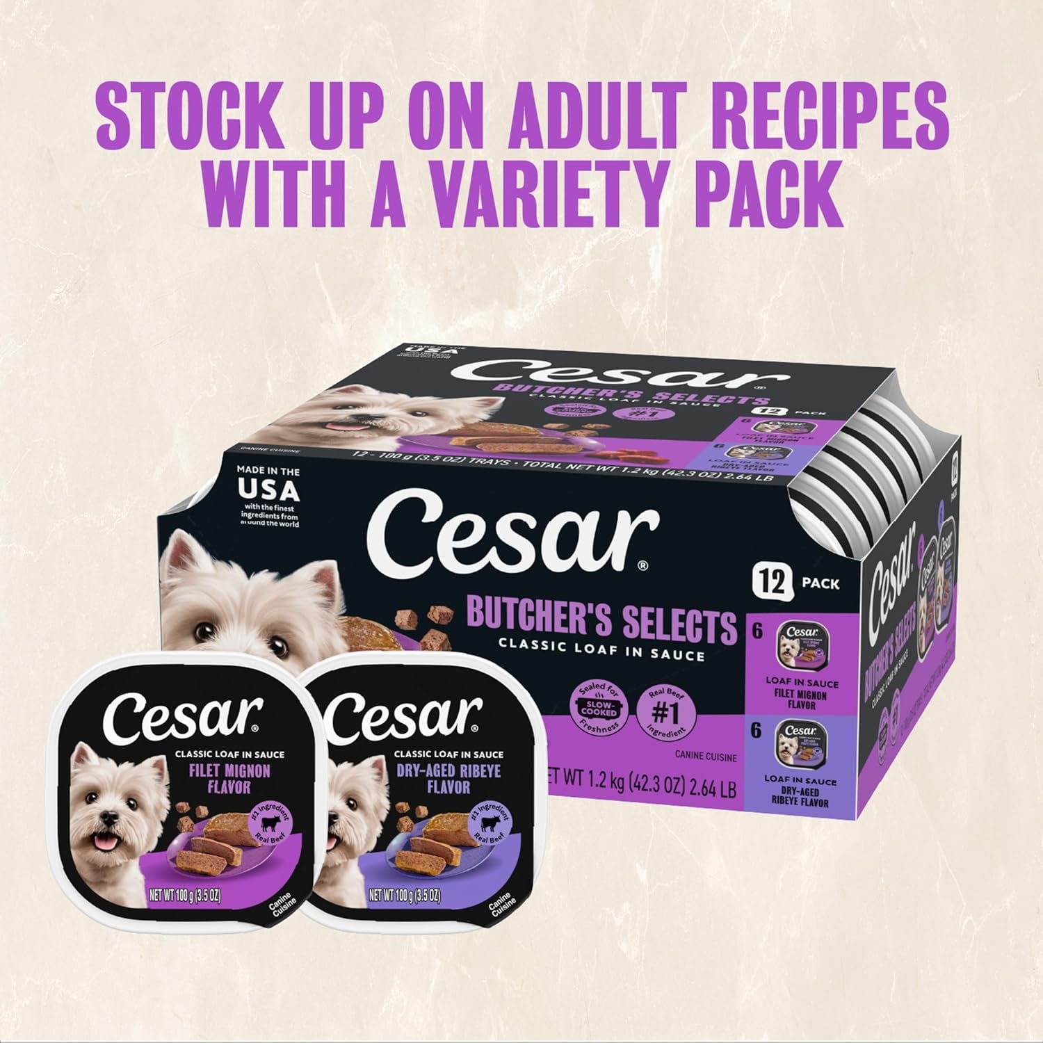 Classic Loaf in Sauce Wet Dog Food Butcher'S Selects Variety Pack, Dry-Aged Ribeye Flavor and Filet Mignon Flavor, 3.5 Oz. Easy Peel Trays, Variety Pack (12 Count, Pack of 1)