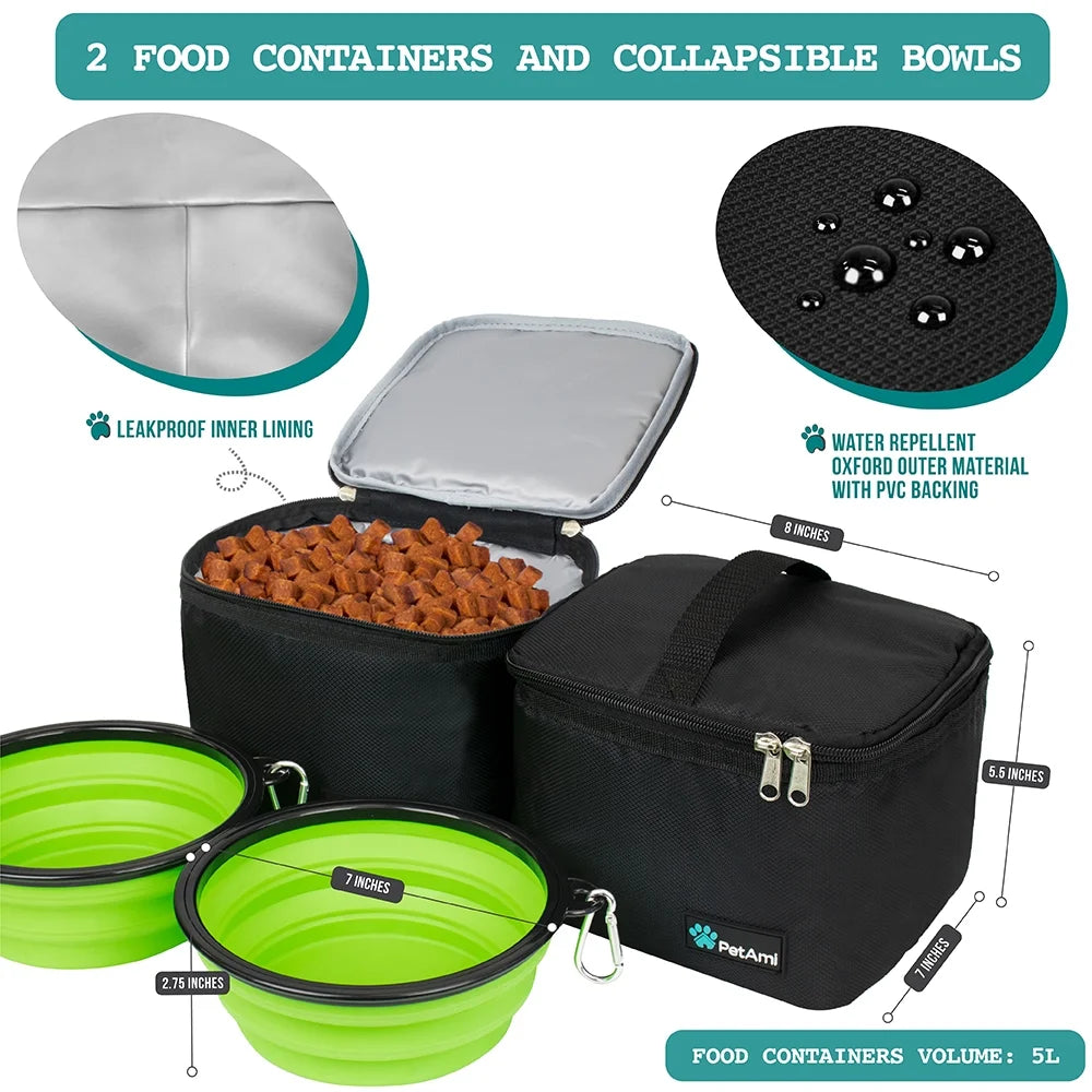 Dog Travel Bag, Travel Pet Bag Organizer, Dog Food Travel Bag with Food Container and Bowls, Dog Travel Supplies Gift Accessories for Weekend Camping, Dog Cat Diaper Bag (Black, Large)
