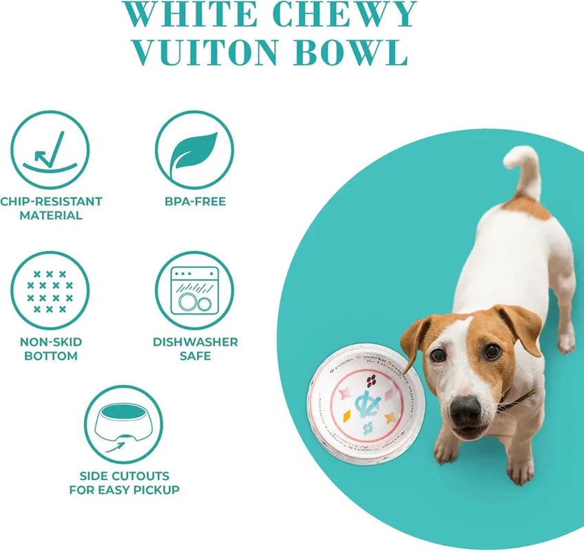 Designer Dog Bowls and Placemat, Dog Food Water Bowls, Food Grade BPA Free, Non-Skid Bottom Dishwasher Safe, Dog Food Mat Included, White 23Oz J01