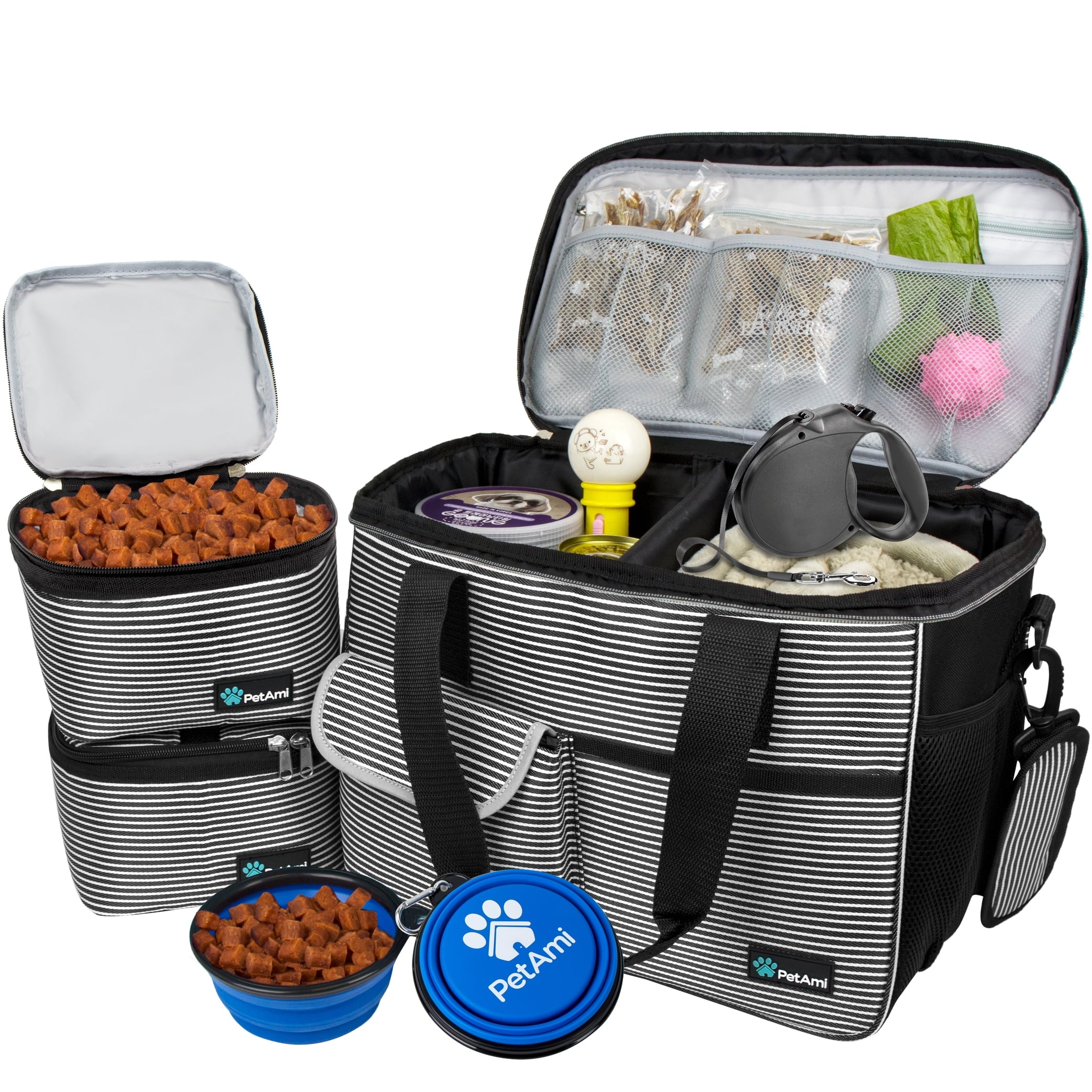 Dog Travel Bag, Travel Pet Bag Organizer, Dog Food Travel Bag with Food Container and Bowls, Dog Travel Supplies Gift Accessories for Weekend Camping, Dog Cat Diaper Bag (Stripe Black, Medium)