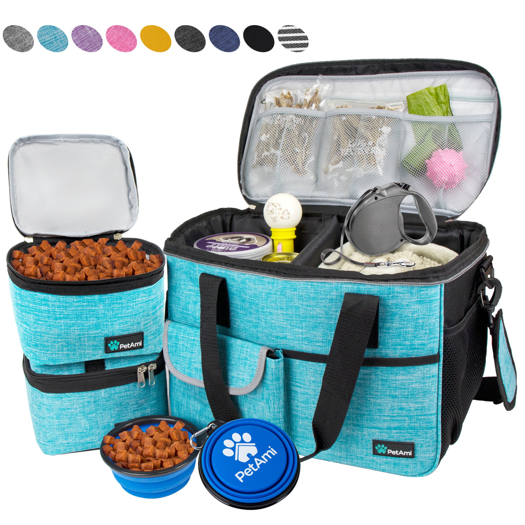 Dog Travel Bag, Travel Pet Bag Organizer, Dog Food Travel Bag with Food Container and Bowls, Dog Travel Supplies Gift Accessories for Weekend Camping, Dog Cat Diaper Bag (Sea Blue, Medium)