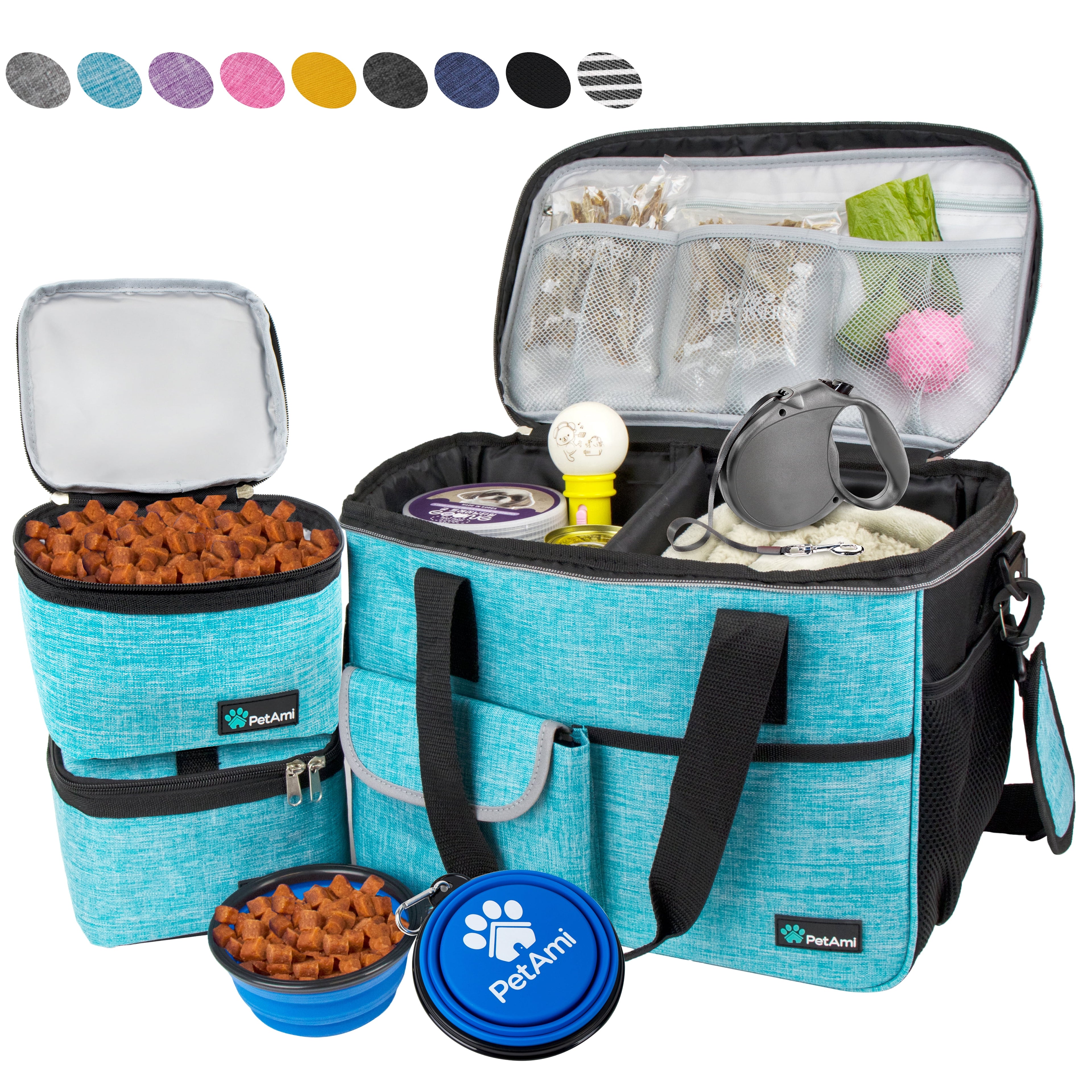 Dog Travel Bag, Travel Pet Bag Organizer, Dog Food Travel Bag with Food Container and Bowls, Dog Travel Supplies Gift Accessories for Weekend Camping, Dog Cat Diaper Bag (Sea Blue, Medium)