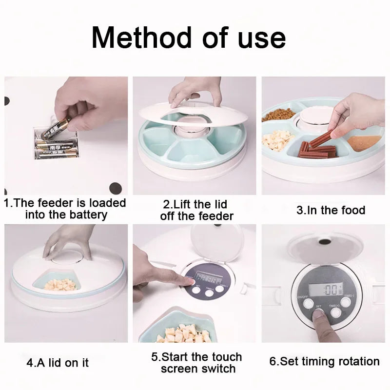 6 Meal Trays, Digital Timer, Portion Control, with Voice Recorder, Automatic Feeder for Dogs and Cats, Dry and Wet Food
