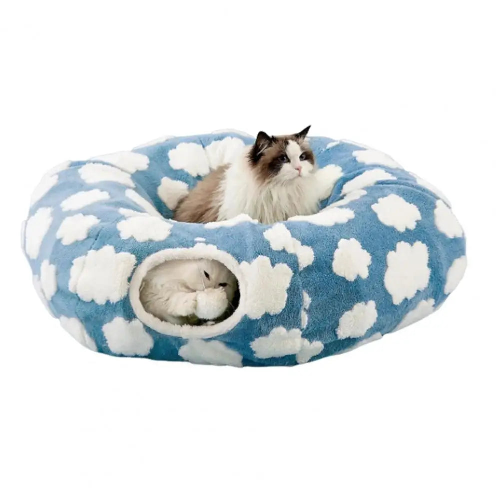Plush Donut Cat Tunnel Bed – Round Play Tunnel with Hanging Balls, Washable Peekaboo Cave for Kittens Small Large Cats