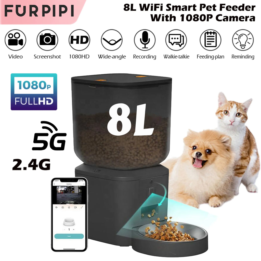 AURABASE - Automatic Cat Feeder with 1080p Camera and 5G Wi-Fi, Smart Pet Food Dispenser with App Control and Voice Recorder.