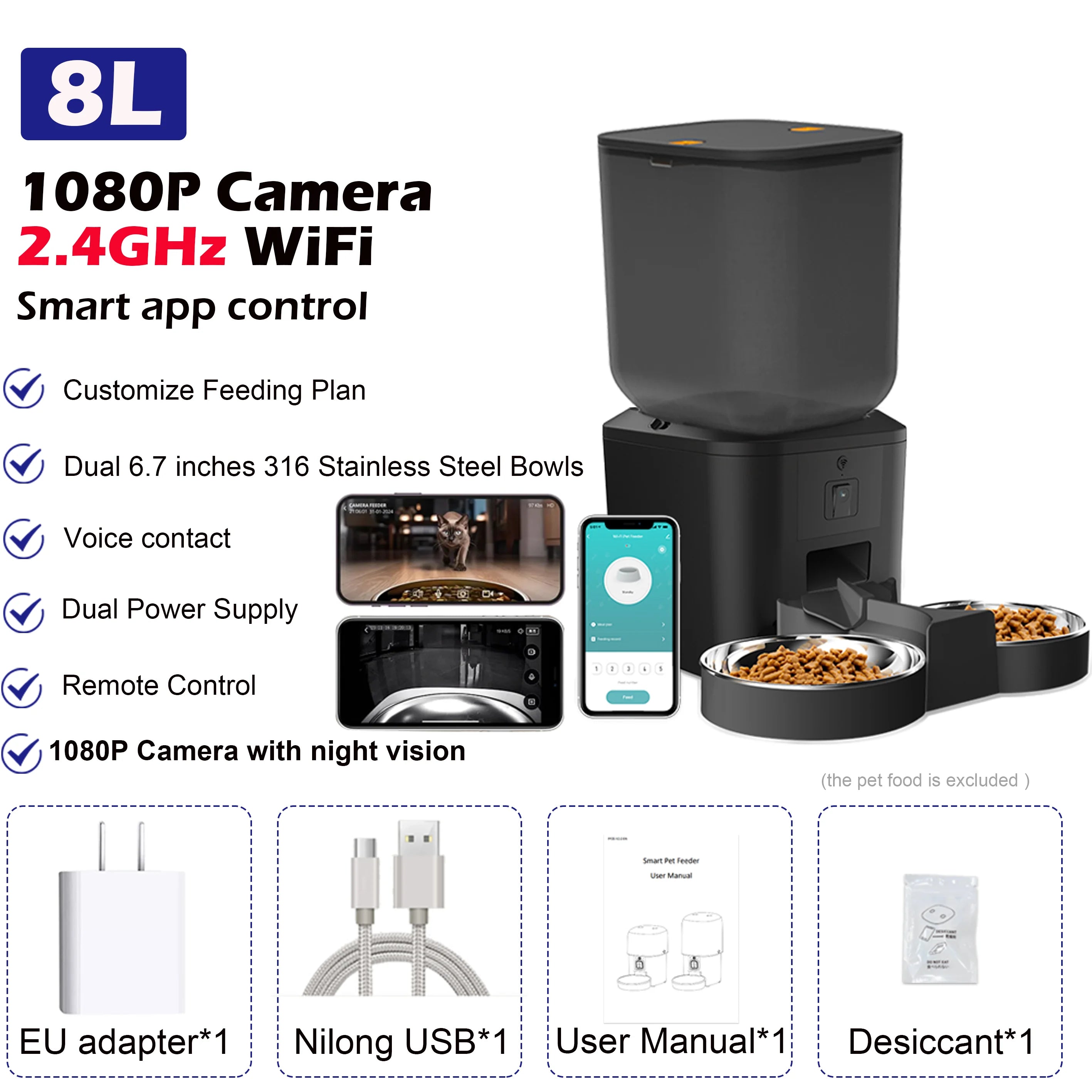 AURABASE - Automatic Cat Feeder with 1080p Camera and 5G Wi-Fi, Smart Pet Food Dispenser with App Control and Voice Recorder.