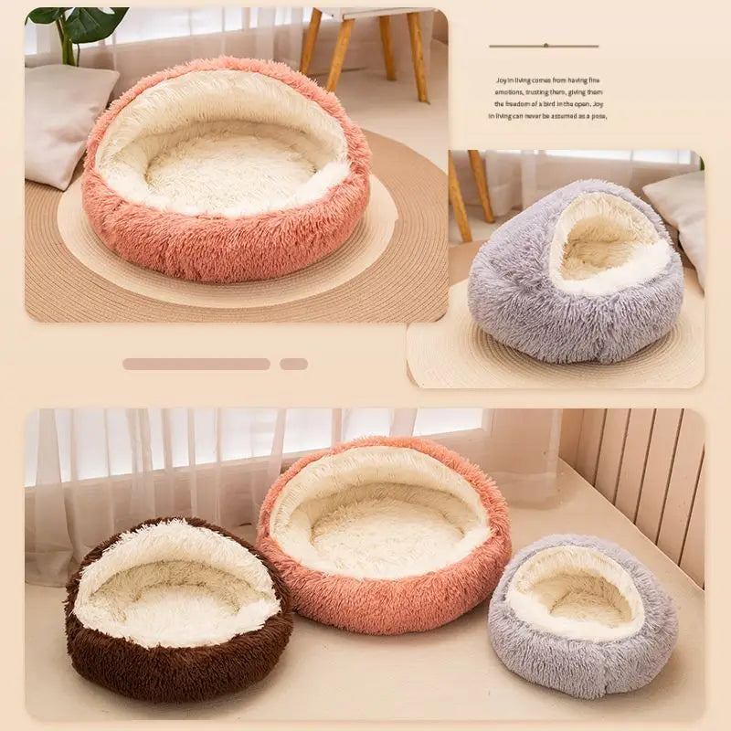 AURABASE - 2 in 1 Soft Plush Pet Bed Cat Cave and Round Nest Bed, Warm Puppy Mattress.