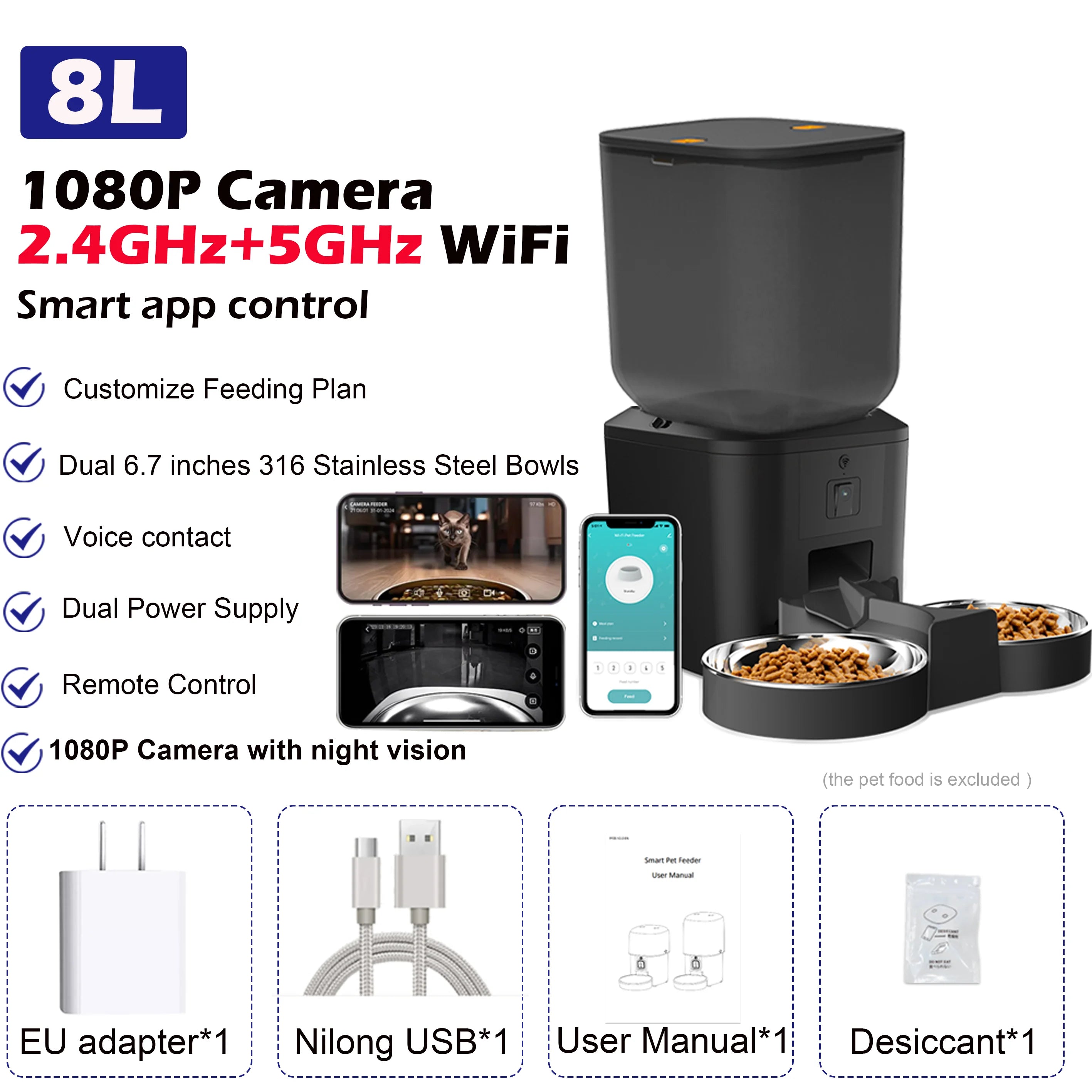 AURABASE - Automatic Cat Feeder with 1080p Camera and 5G Wi-Fi, Smart Pet Food Dispenser with App Control and Voice Recorder.
