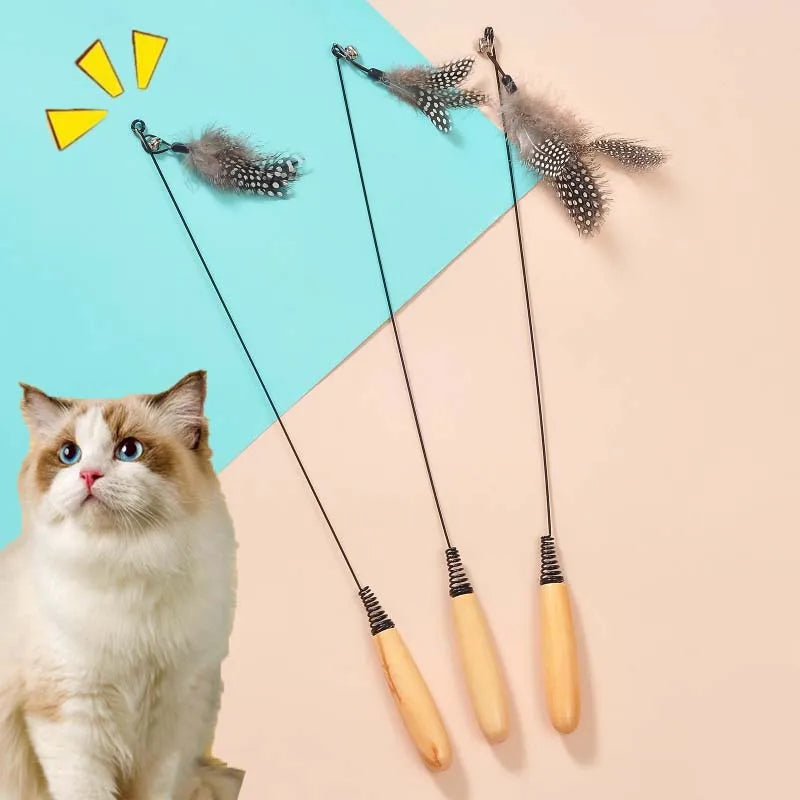 Cat Teaser Stick Toy Feather Funny Spring Kitten Stick Toy Cat Rods Simulation Fishing Rod Bell Squeaky Cat Toy Supplies