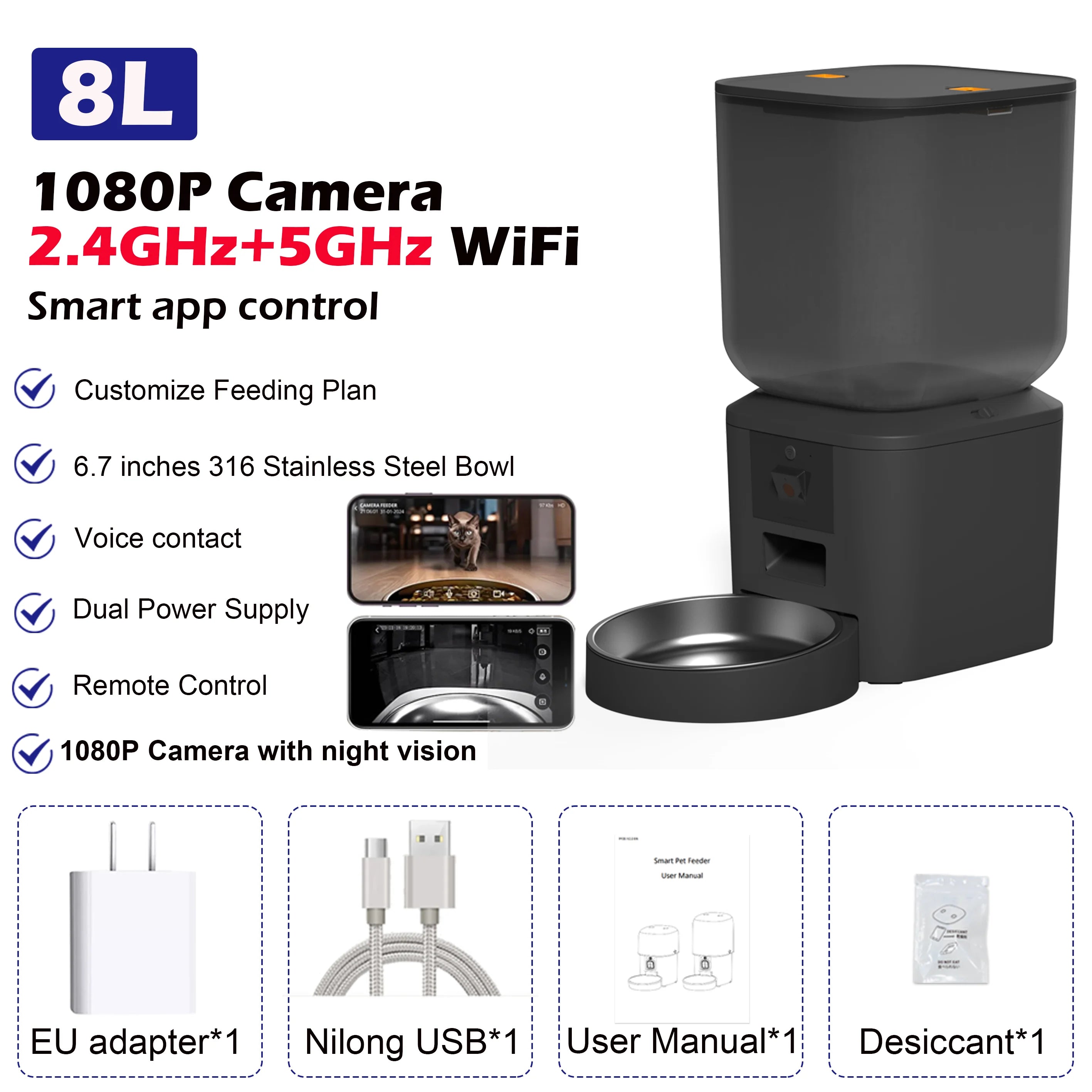AURABASE - Automatic Cat Feeder with 1080p Camera and 5G Wi-Fi, Smart Pet Food Dispenser with App Control and Voice Recorder.