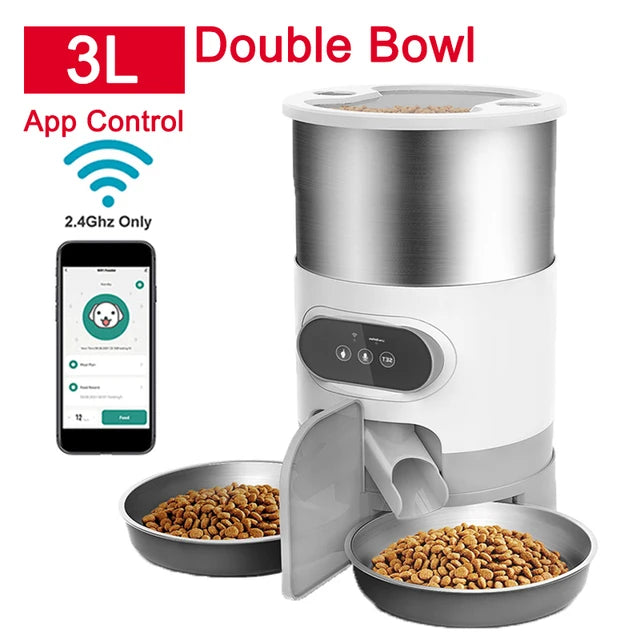 AURABASE - Smart App-Controlled Automatic Cat Feeder, Stainless Steel Double Meal Pet Feeder with Remote Feeding.