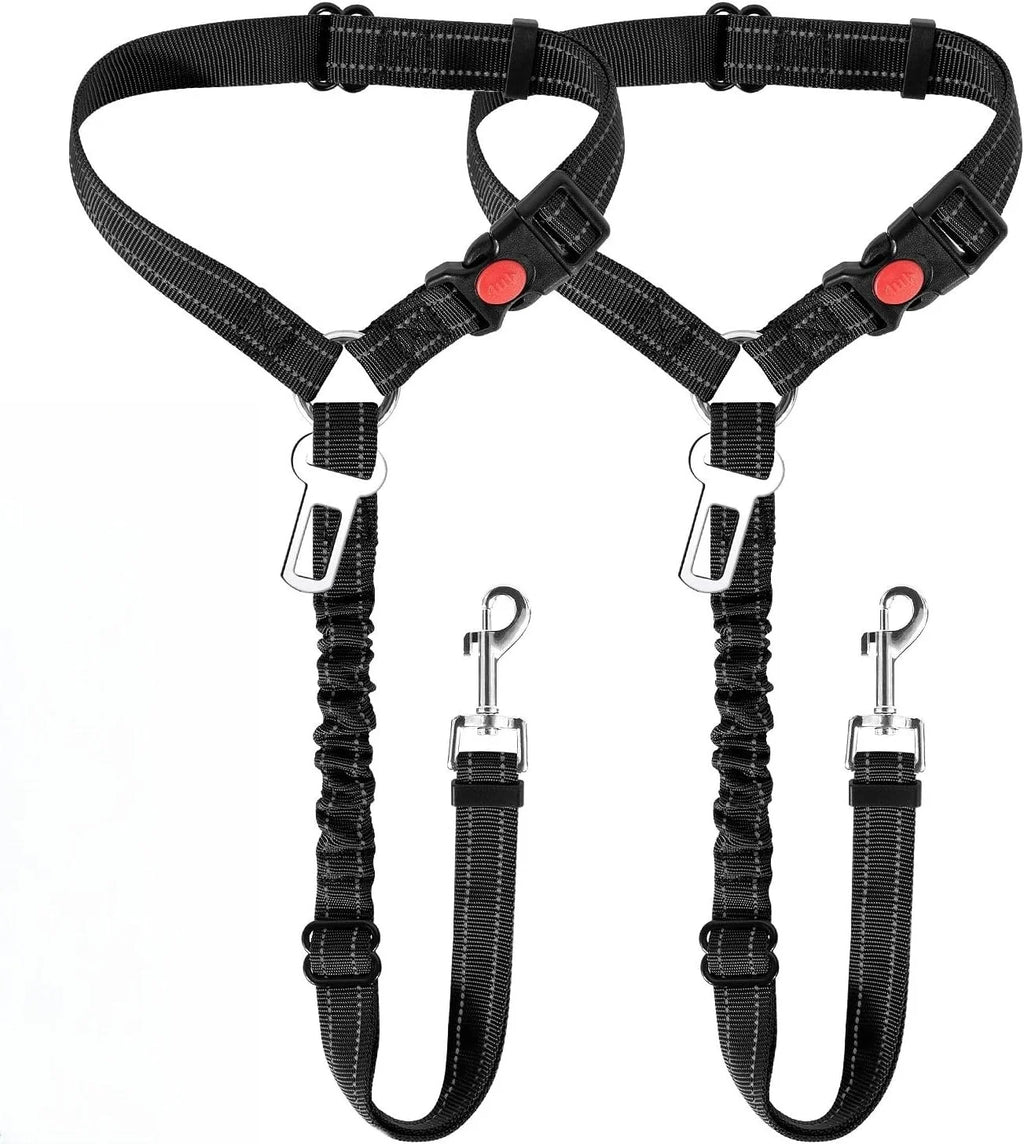 Dog Seat Belt for Car,Dog Car Harness Seatbelt Adjustable with Elastic Bungee Buffer, 2in1 Pet Leash Restraint Dog Safety Tether