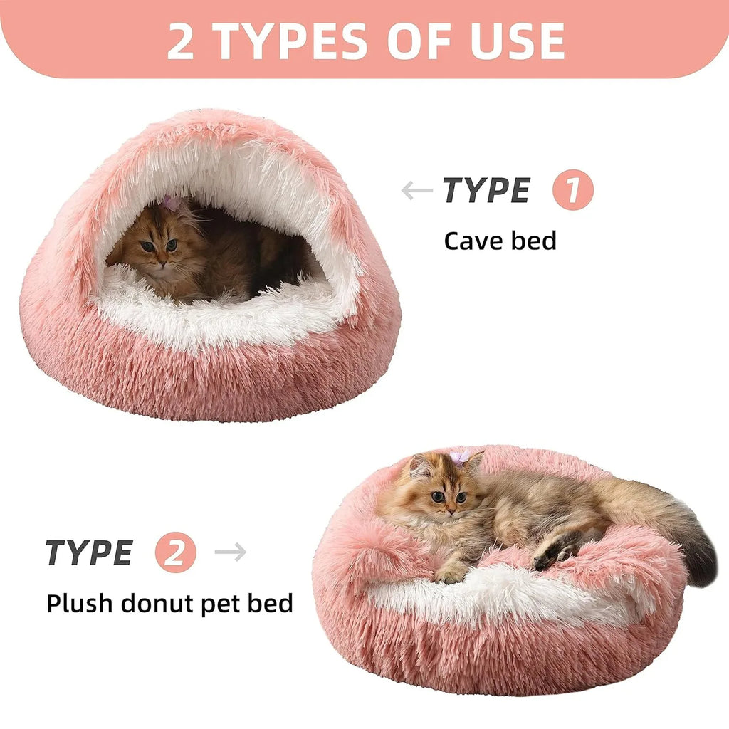 AURABASE - 2 in 1 Soft Plush Pet Bed Cat Cave and Round Nest Bed, Warm Puppy Mattress.