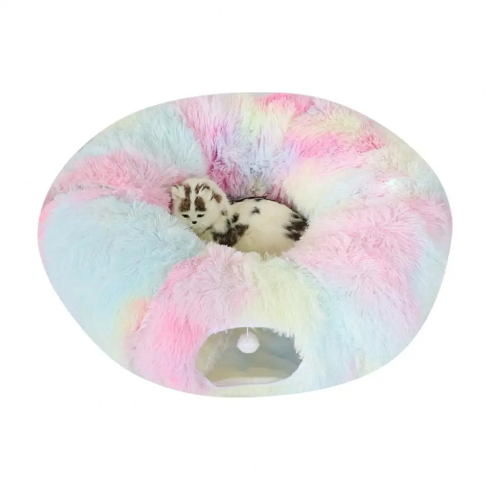 Plush Donut Cat Tunnel Bed – Round Play Tunnel with Hanging Balls, Washable Peekaboo Cave for Kittens Small Large Cats