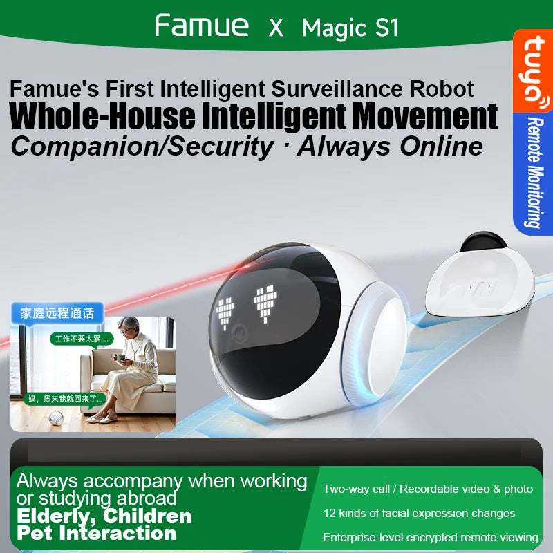 AURABASE - Automatic Charging Robot Pet Camera with HD 5G Wi-Fi, Mobile Tracking, and Tuya App Control.