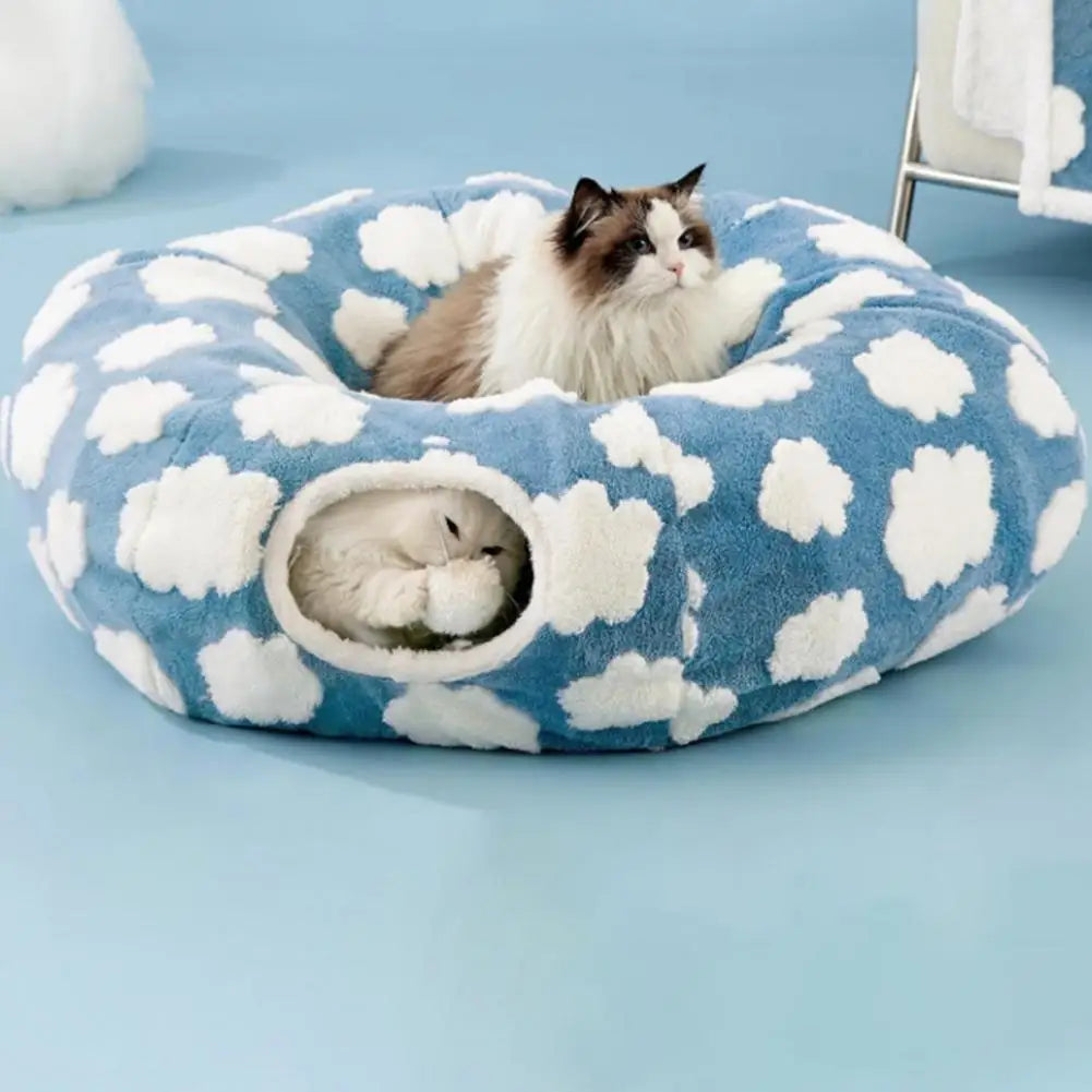 Plush Donut Cat Tunnel Bed – Round Play Tunnel with Hanging Balls, Washable Peekaboo Cave for Kittens Small Large Cats