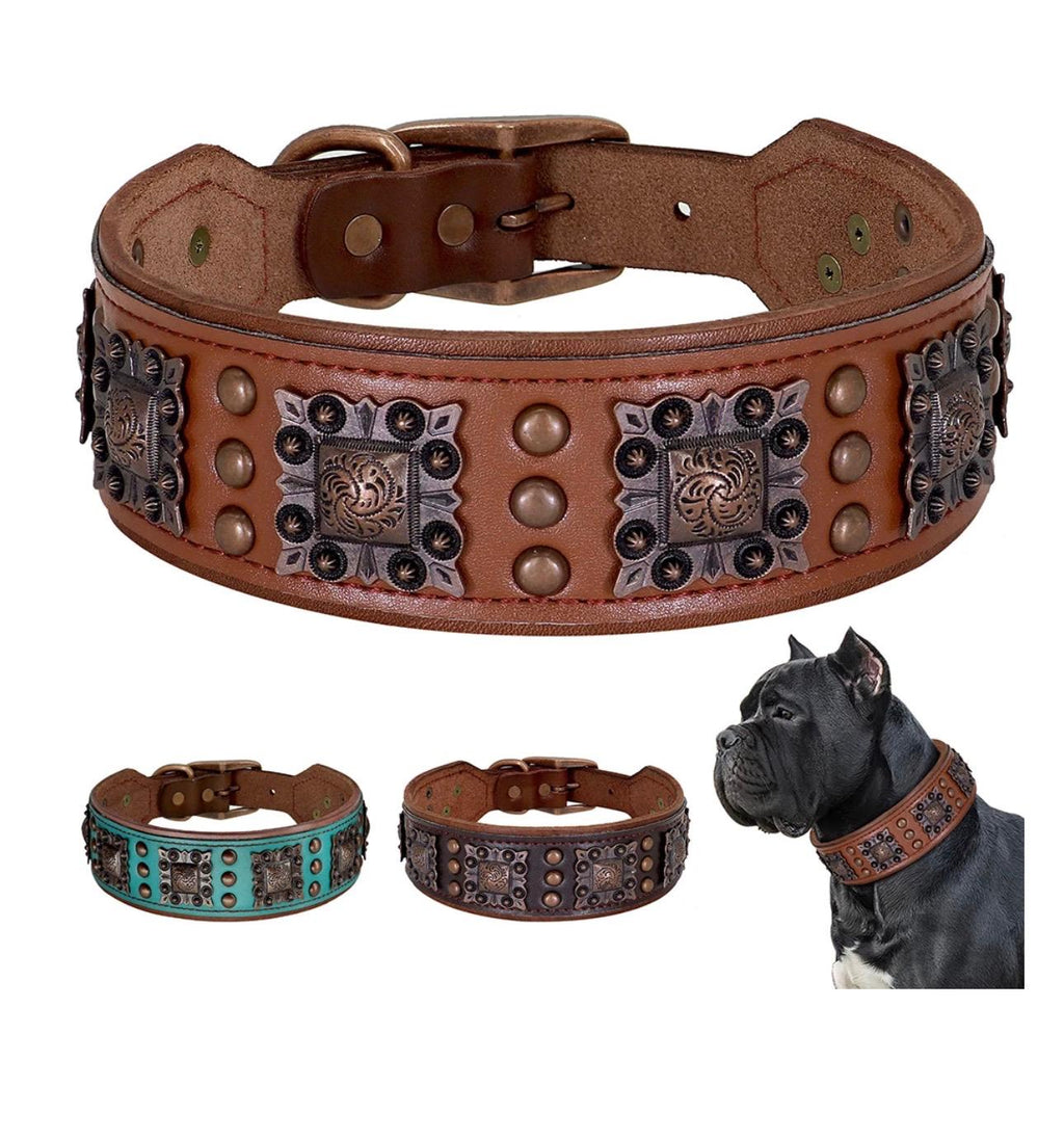 Cool Spiked Dog Collar for Medium Large Dogs Genuine Leather Pitbull Bulldog Adjustable Pet Accessories Collars Necklace