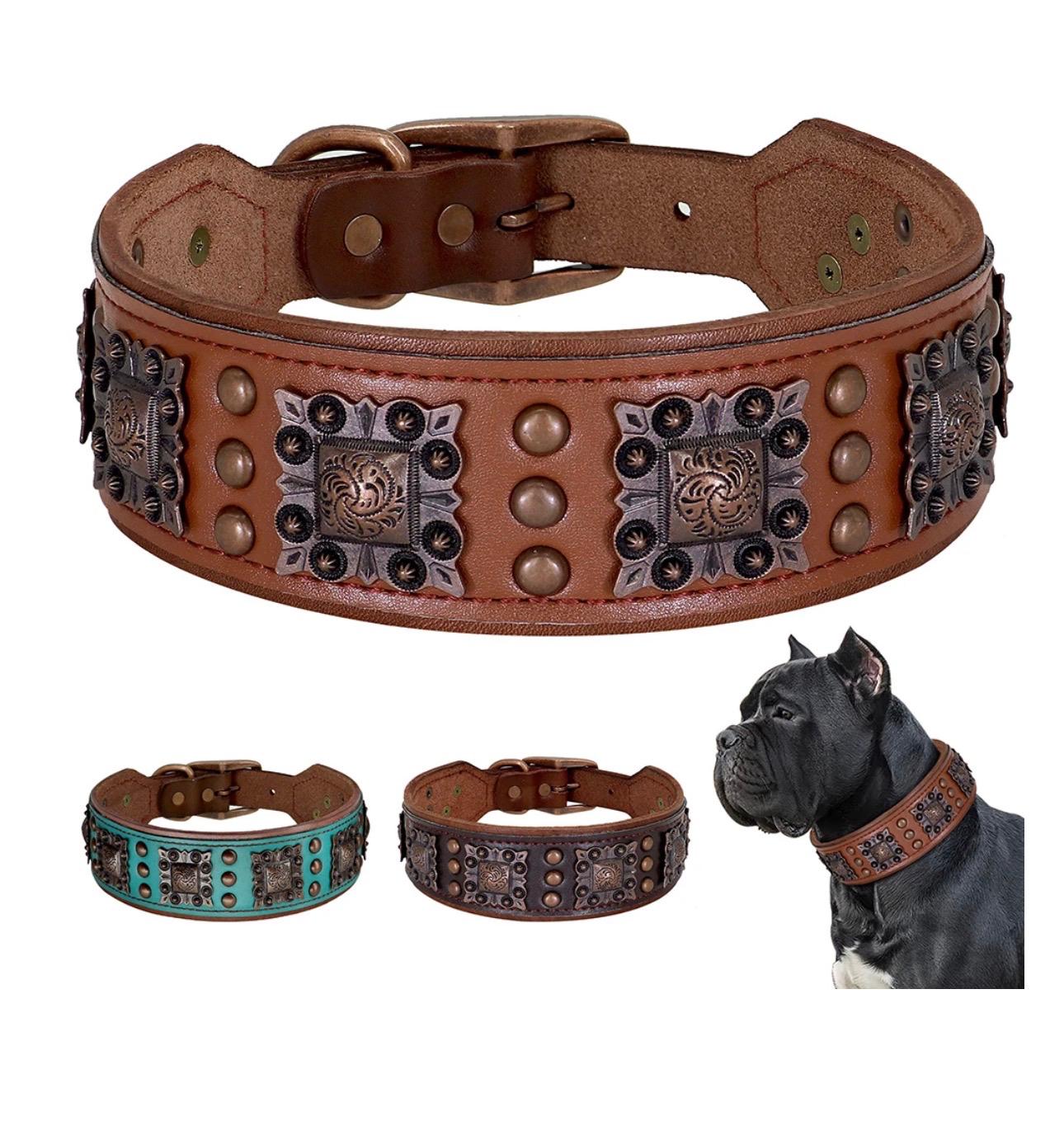 Cool Spiked Dog Collar for Medium Large Dogs Genuine Leather Pitbull Bulldog Adjustable Pet Accessories Collars Necklace