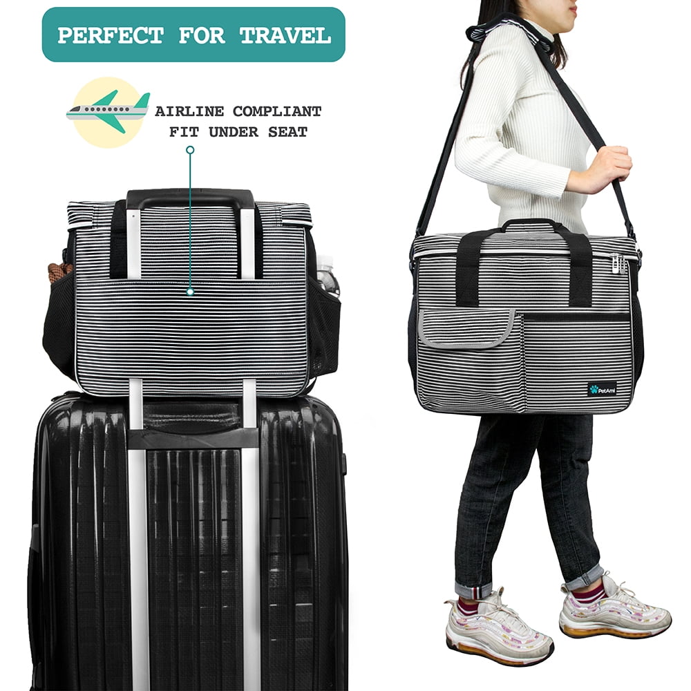 Dog Travel Bag, Travel Pet Bag Organizer, Dog Food Travel Bag with Food Container and Bowls, Dog Travel Supplies Gift Accessories for Weekend Camping, Dog Cat Diaper Bag (Stripe Black, Medium)