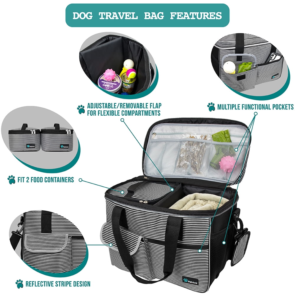 Dog Travel Bag, Travel Pet Bag Organizer, Dog Food Travel Bag with Food Container and Bowls, Dog Travel Supplies Gift Accessories for Weekend Camping, Dog Cat Diaper Bag (Stripe Black, Medium)