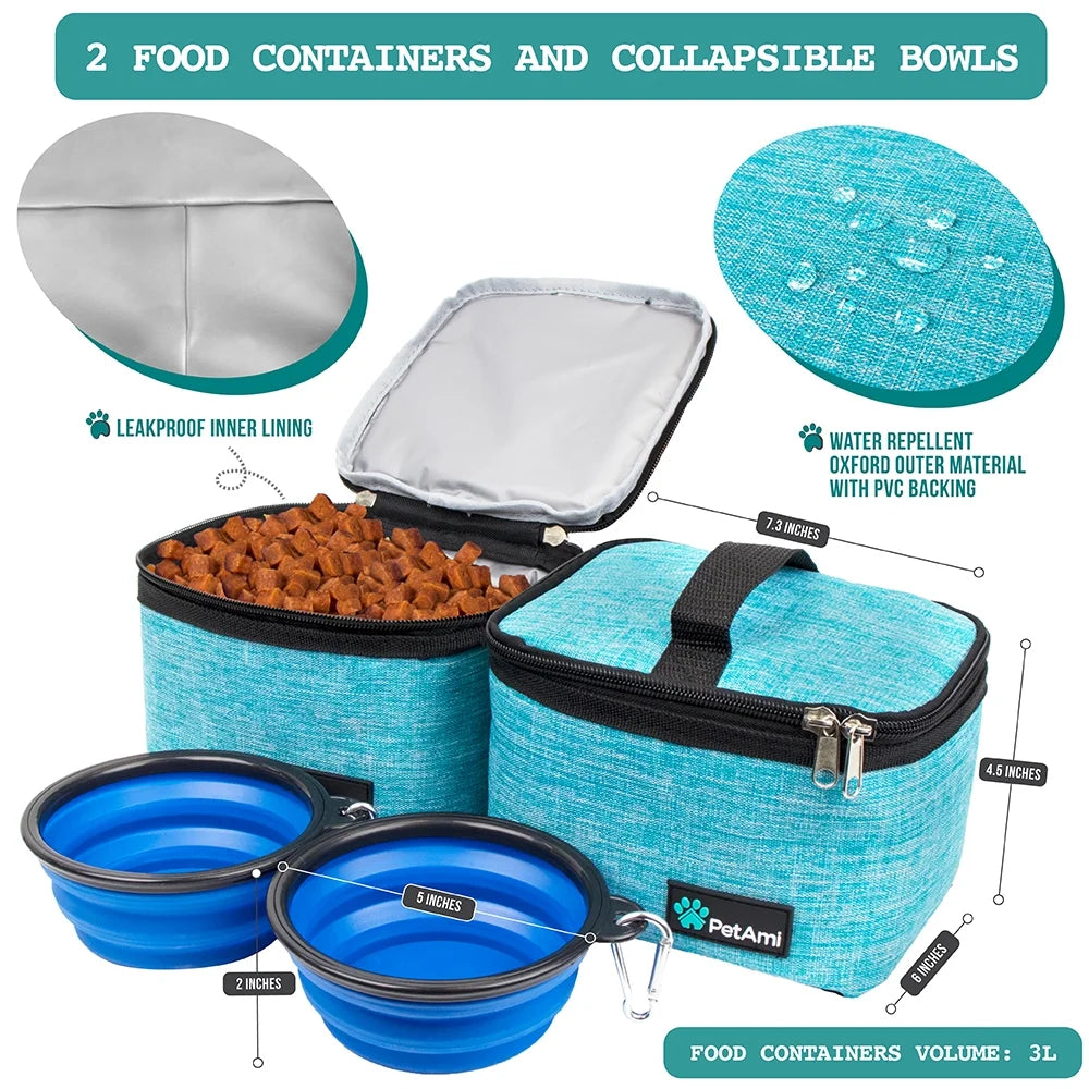 Dog Travel Bag, Travel Pet Bag Organizer, Dog Food Travel Bag with Food Container and Bowls, Dog Travel Supplies Gift Accessories for Weekend Camping, Dog Cat Diaper Bag (Sea Blue, Medium)