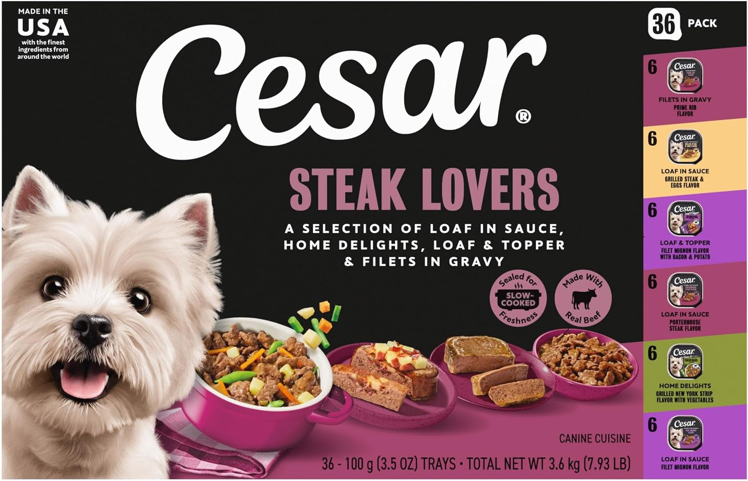 Wet Dog Food, Steak Lovers Variety Pack, 3.5 Oz, 36 Count | Real Meat #1 Ingredient, Easy Peel Trays, 100% Complete & Balanced, No Fillers, No Added Sugar, No Artificial Flavors