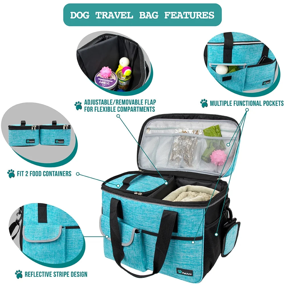 Dog Travel Bag, Travel Pet Bag Organizer, Dog Food Travel Bag with Food Container and Bowls, Dog Travel Supplies Gift Accessories for Weekend Camping, Dog Cat Diaper Bag (Sea Blue, Medium)
