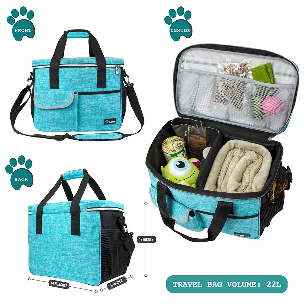 Dog Travel Bag, Travel Pet Bag Organizer, Dog Food Travel Bag with Food Container and Bowls, Dog Travel Supplies Gift Accessories for Weekend Camping, Dog Cat Diaper Bag (Sea Blue, Medium)